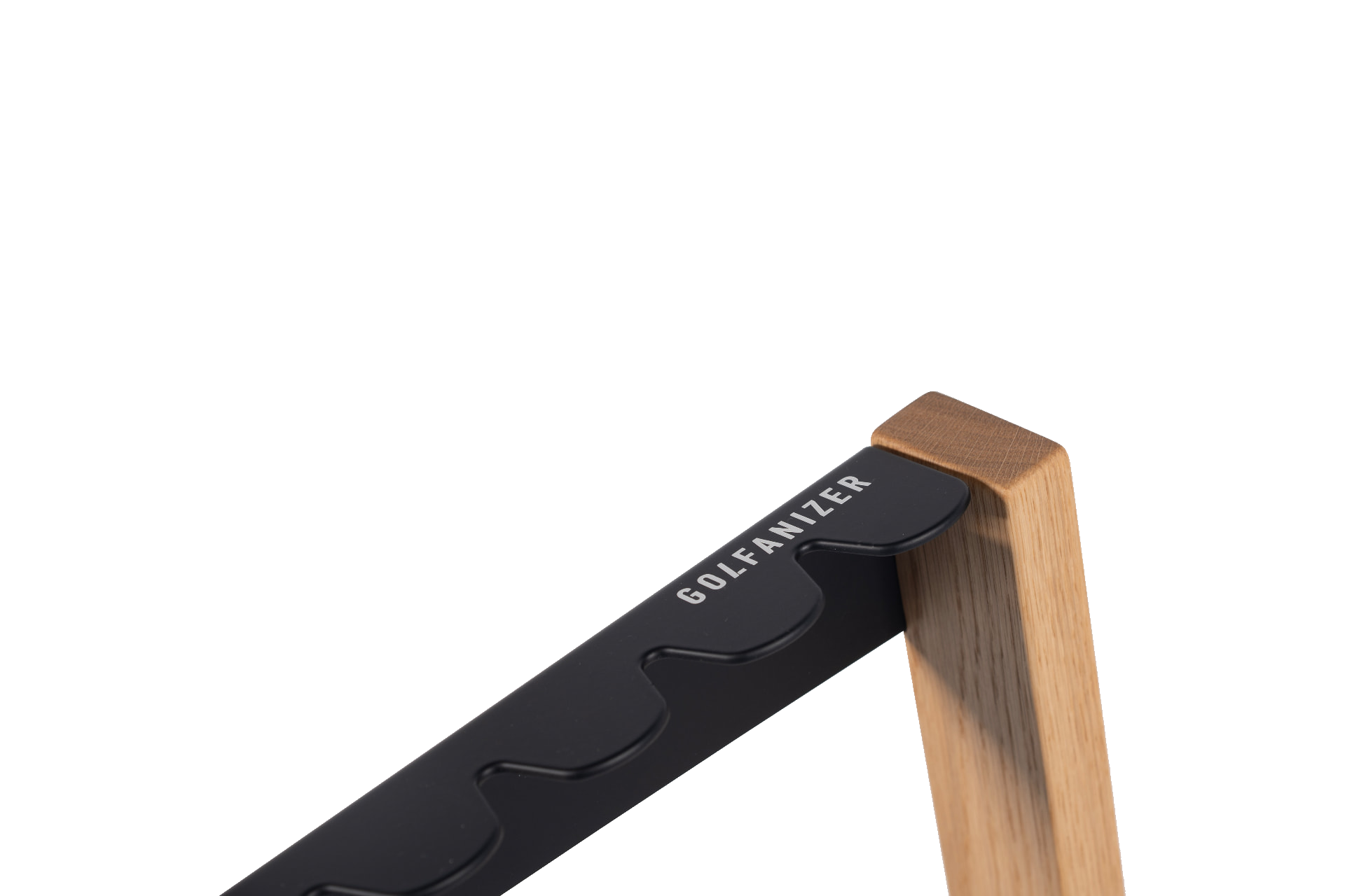 Close-up of the Golfanizer stand: soft-touch black steel club plate meeting a solid oak upright