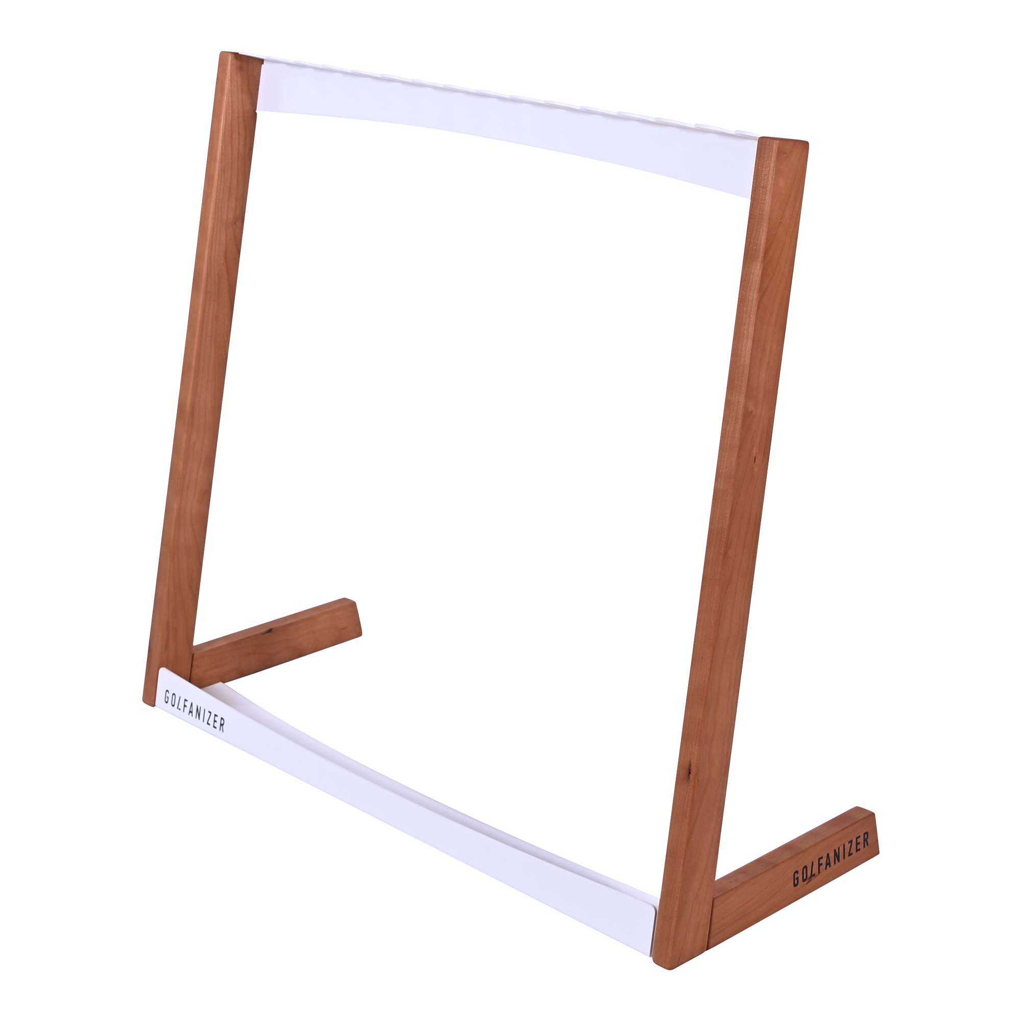 Golfanizer stand in cherry with Alpine White club plate, three-quarter view